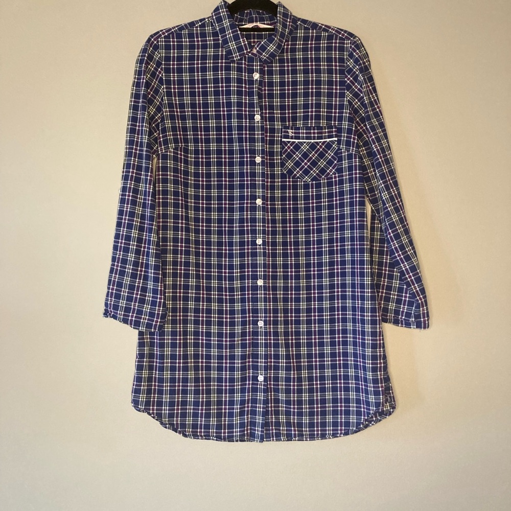 Victoria’s Secret Plaid Sleep Shirt S Blue Sexy Comfort Angel Loungewear Button